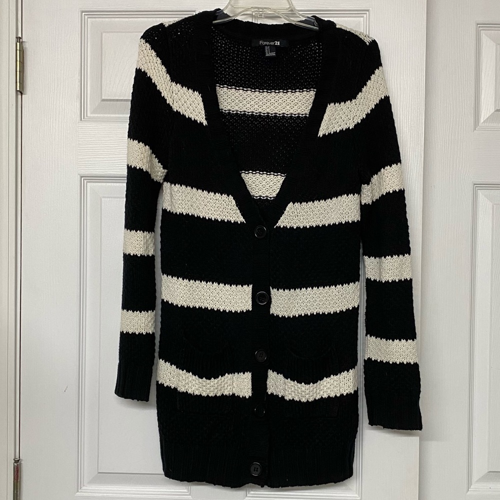 Forever 21 Black Cream Stripes Long Line Cozy Cardigan Sweater Sz S